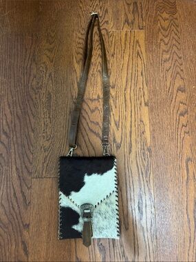 Cowhide Crossbody Bag with Leather Strap in Black & White